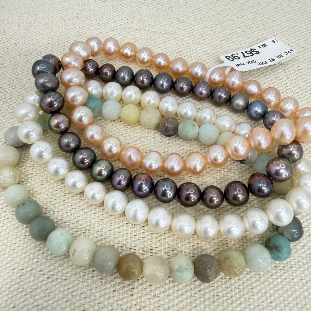 Freshwater‎ Pearl and Gemstone Stretch Bracelet Lot of 4 Oilslick Pink Peacock